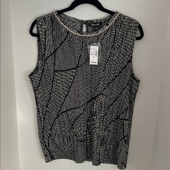 Roz & Ali Tops - Roz & Ali Women’s Black/Beige Pleated Top with a Gold Chain Neckline Accent
